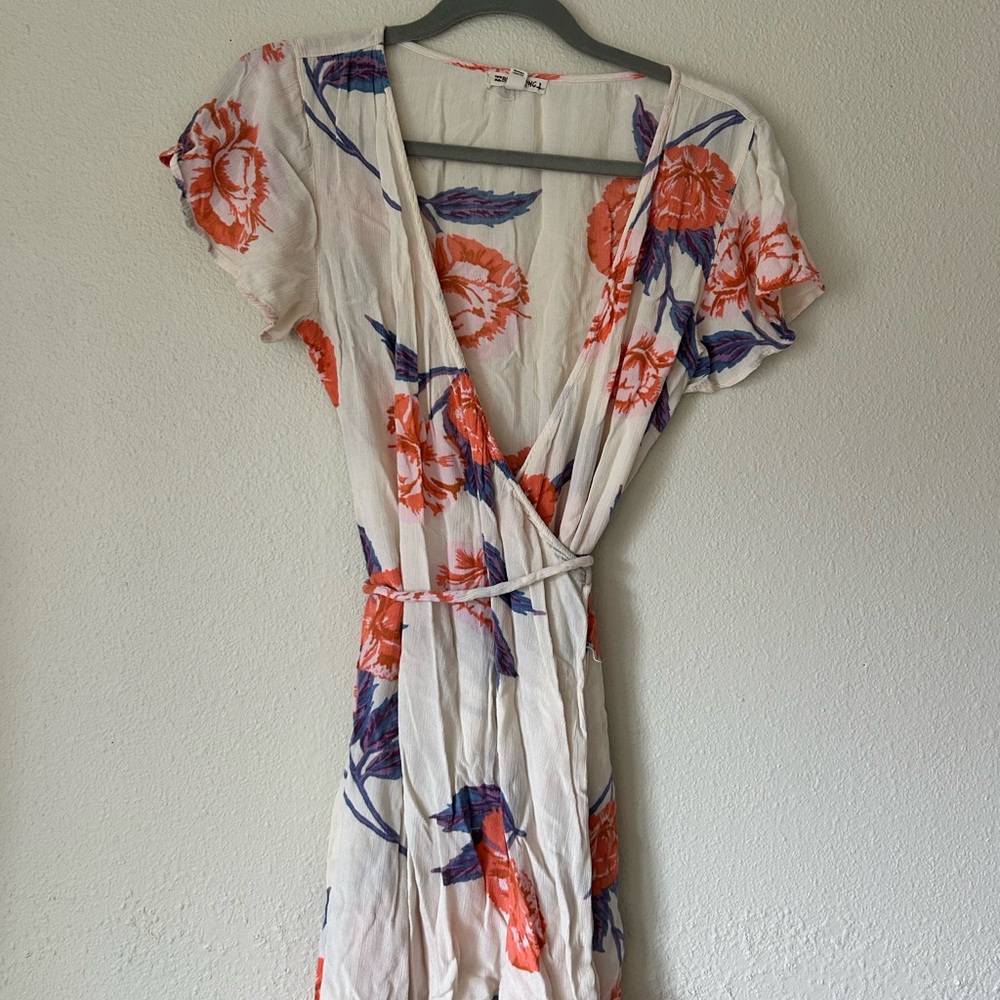 Billabong White Wrap Midi Dress with Orange & Purple Floral